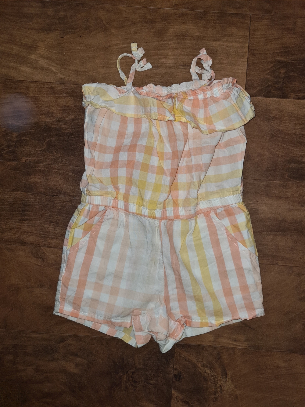 Vintage OshKosh B'gosh Peach, Yellow & White Plaid Girls Romper
